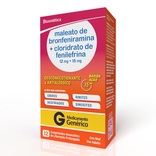 Bronfeniramina 12mg + Fenilefrina 15mg 12 Comprimidos Biosintética