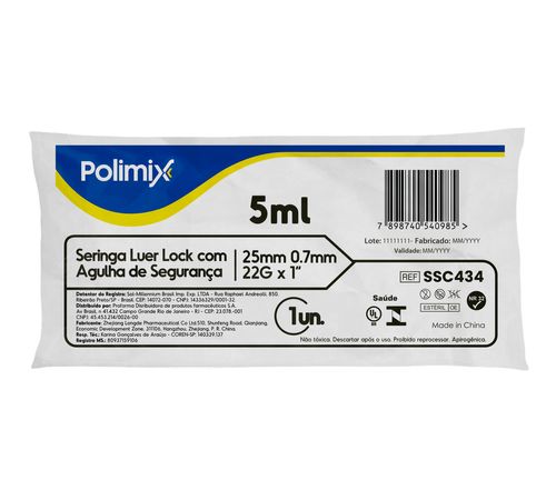Seringa Polimix Luer Lock com Agulha de Segurança 5ml - 1 Unidade