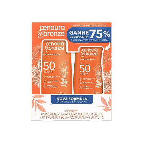 Cenoura Bronze Protetor Solar Corporal FPS 50 Loção 200+110ml Ultraleve Resistente à água