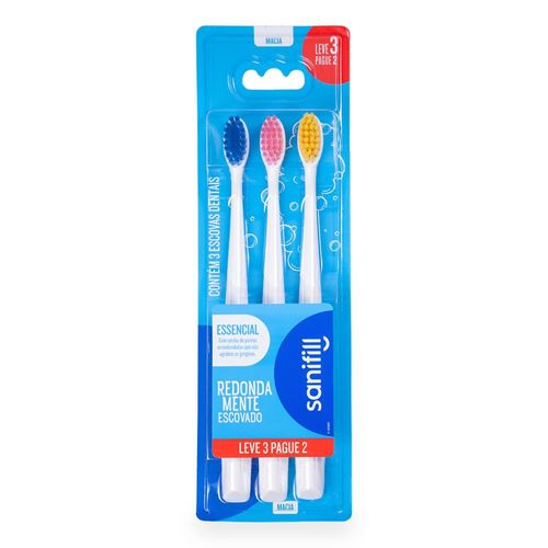 Escova de Dente Essencial Adulto 3 Unidades Cerdas Macias Cores Sortidas Sanifill