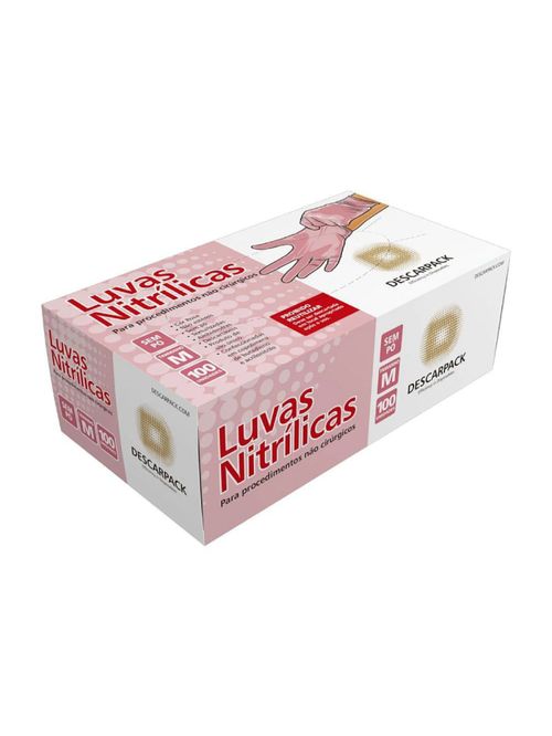 Luva Nitrílica Descartável Descarpack - Rosa - Tamanho M - 100 Unidades