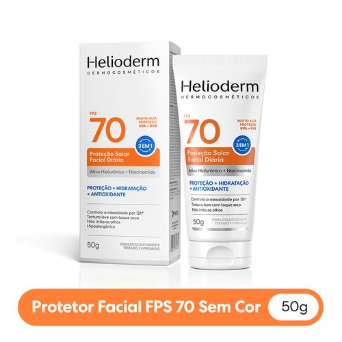 Protetor Solar Facial 3 em 1 Ativo Hialurônico FPS 70 Helioderm - 50g
